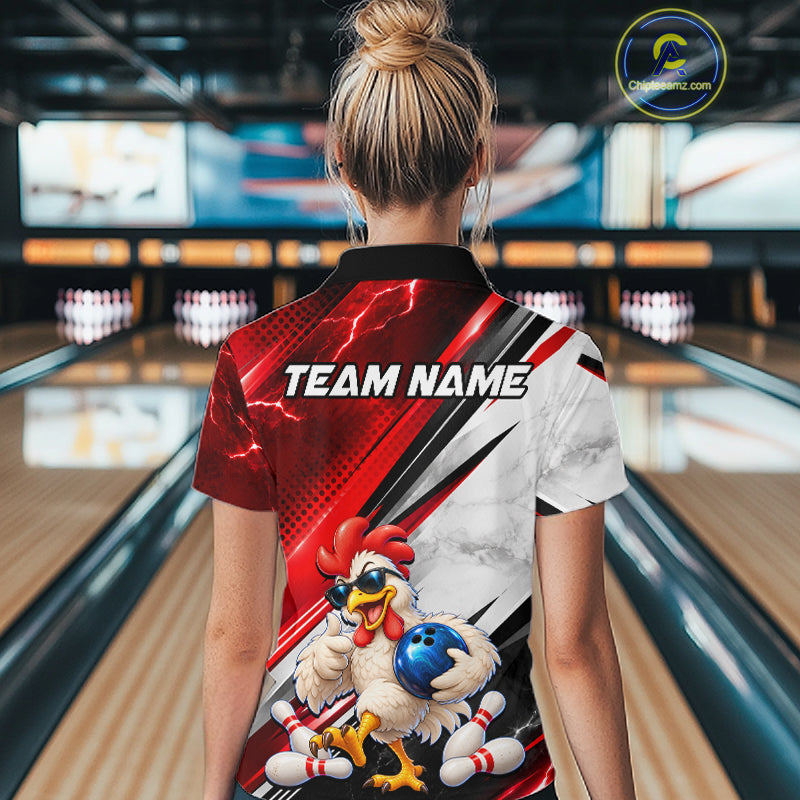 Funny Chicken Bowling Shirt for Women Custom Red White Bowling Jersey Polo & 1/4-Zip QZT1374