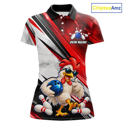 Funny Chicken Bowling Shirt for Women Custom Red White Bowling Jersey Polo & 1/4-Zip QZT1374