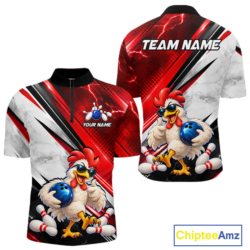Funny Chicken Bowling Shirt for Men Custom Red White Bowling Jersey Polo & 1/4-Zip QZT1374
