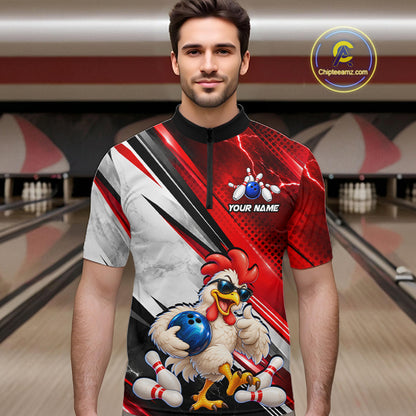 Funny Chicken Bowling Shirt for Men Custom Red White Bowling Jersey Polo & 1/4-Zip QZT1374
