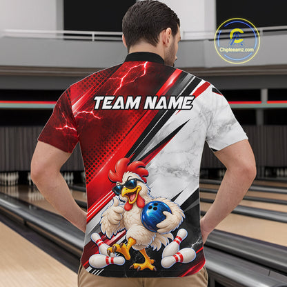Funny Chicken Bowling Shirt for Men Custom Red White Bowling Jersey Polo & 1/4-Zip QZT1374
