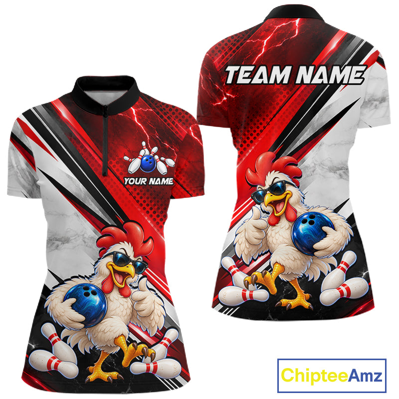 Funny Chicken Bowling Shirt for Women Custom Red White Bowling Jersey Polo & 1/4-Zip QZT1374