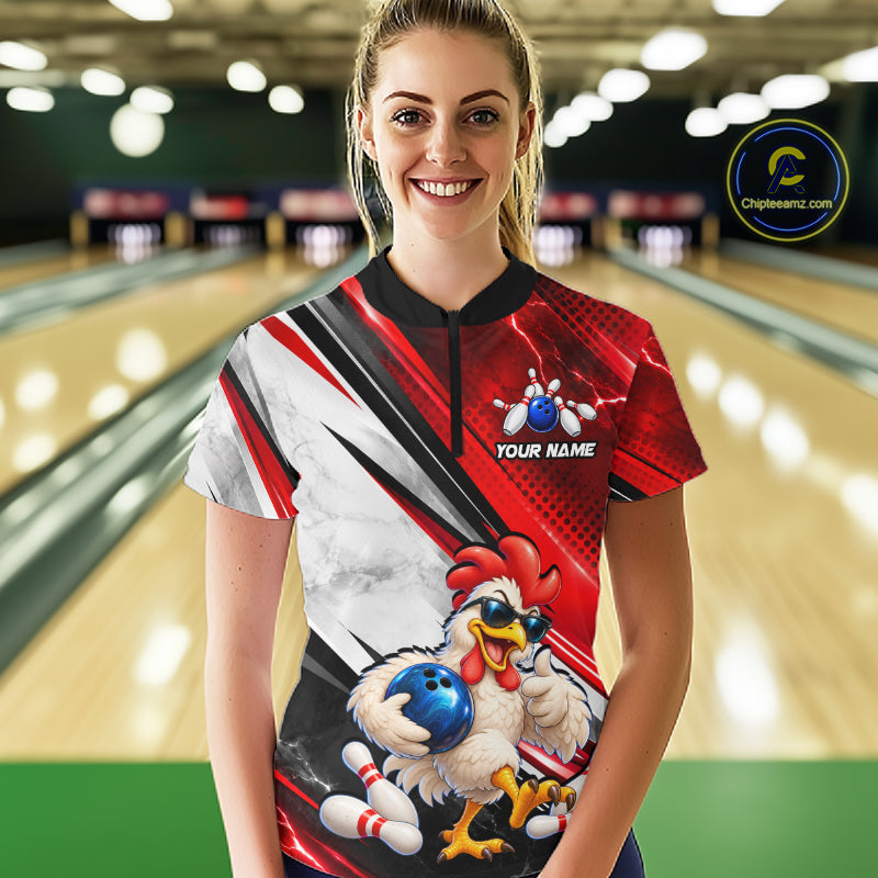 Funny Chicken Bowling Shirt for Women Custom Red White Bowling Jersey Polo & 1/4-Zip QZT1374