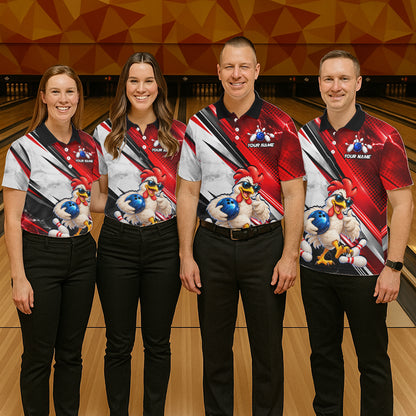 Funny Chicken Bowling Shirt for Men Custom Red White Bowling Jersey Polo & 1/4-Zip QZT1374