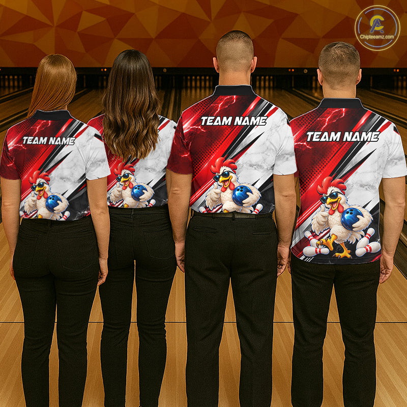 Funny Chicken Bowling Shirt for Men Custom Red White Bowling Jersey Polo & 1/4-Zip QZT1374