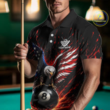 Load image into Gallery viewer, Man holding a pool cue wearing a black polo shirt with an eagle and number 8 design.
