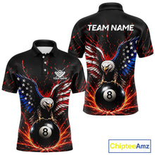 Load image into Gallery viewer, Black polo shirt with eagle design and 8-ball, customizable text on a white background