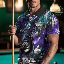 Load image into Gallery viewer, Person wearing a colorful polo shirt with a pool ball design, holding a pool cue in a billiards setting.