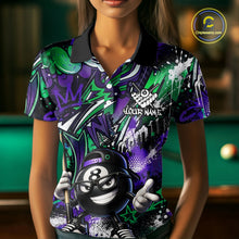 Load image into Gallery viewer, Person wearing a colorful polo shirt with a pool ball design in front of a pool table.