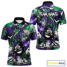 Load image into Gallery viewer, Green and purple billiard shirt with a cartoon character and 'Team Name' text, featuring the brand 'Chiptee Amz'.
