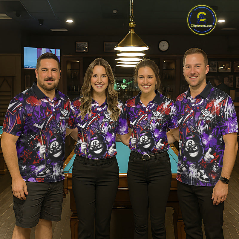 Four people wearing matching colorful biliiard shirts in a pool hall