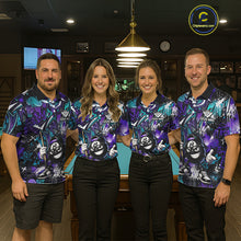 Load image into Gallery viewer, Four people wearing matching billiard shirts in a pool hall.