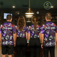 Load image into Gallery viewer, Four people wearing matching colorful billiard shirts in a pool hall.