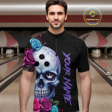 Load image into Gallery viewer, Man wearing a black jersey with a colorful skull design and 'Your Name' text in a bowling alley.