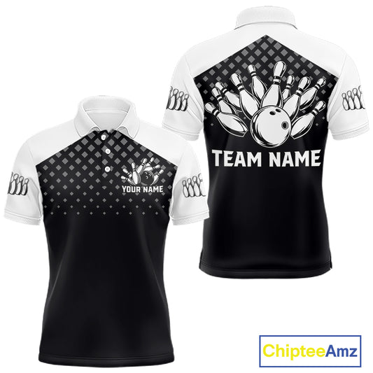 Custom Black and White Bowling Team Shirt for Men Bowling League Jersey Polo & 1/4 Zip QZT1378