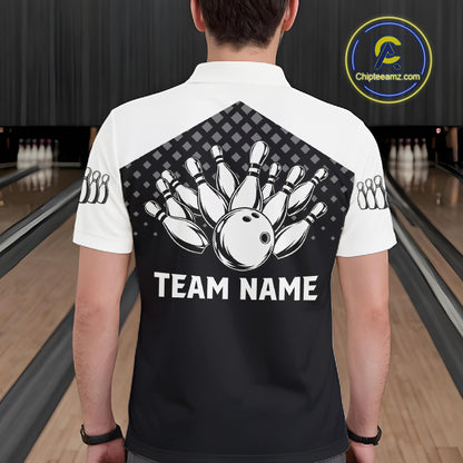 Custom Black and White Bowling Team Shirt for Men Bowling League Jersey Polo & 1/4 Zip QZT1378