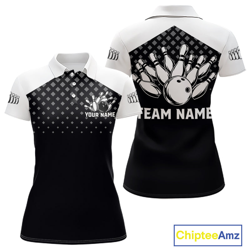 Custom Black and White Bowling Team Shirt for Women Bowling League Jersey Polo & 1/4 Zip QZT1378