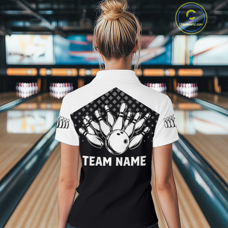 Custom Black and White Bowling Team Shirt for Women Bowling League Jersey Polo & 1/4 Zip QZT1378