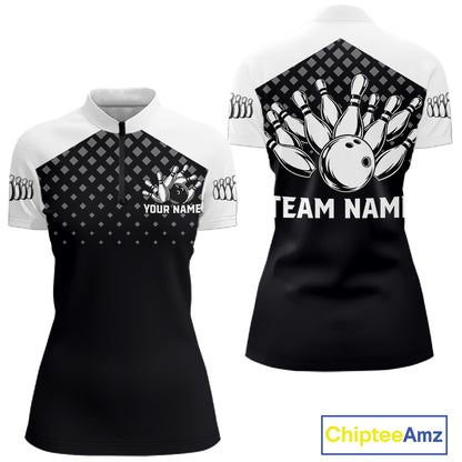 Custom Black and White Bowling Team Shirt for Women Bowling League Jersey Polo & 1/4 Zip QZT1378