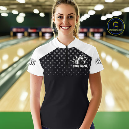 Custom Black and White Bowling Team Shirt for Women Bowling League Jersey Polo & 1/4 Zip QZT1378
