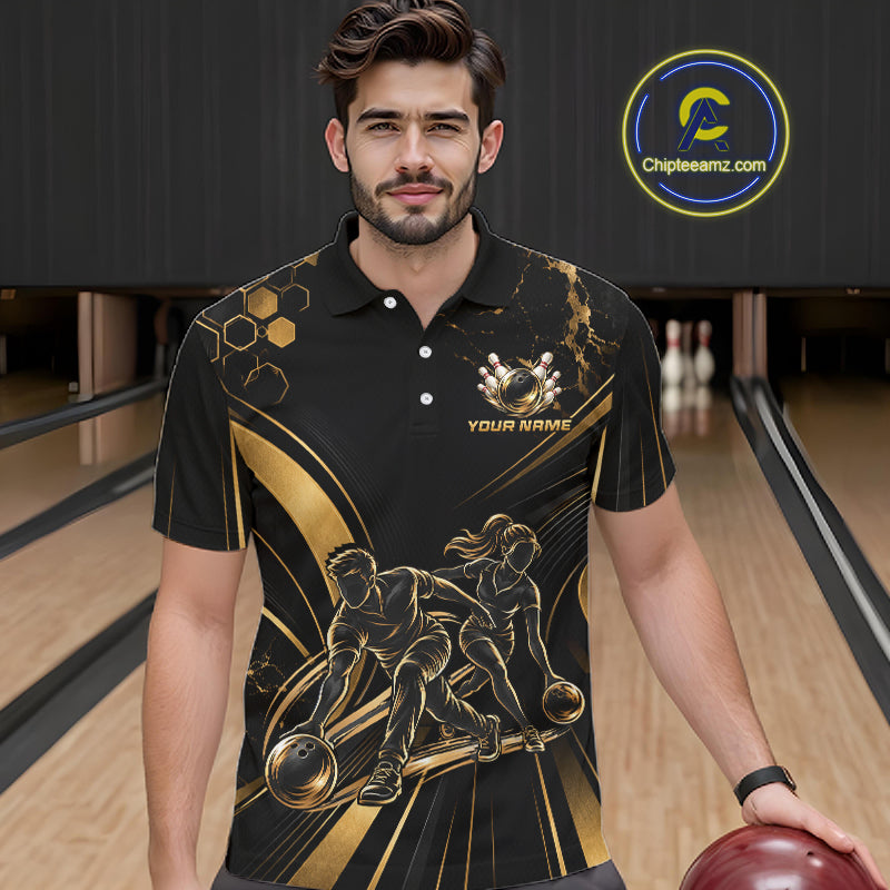 Custom Black Gold Bowling Team Shirt for Men Bowling League Jersey Polo & 1/4 Zip QZT1379