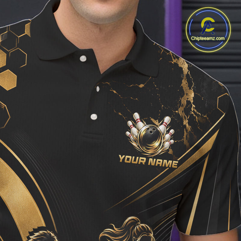 Custom Black Gold Bowling Team Shirt for Men Bowling League Jersey Polo & 1/4 Zip QZT1379
