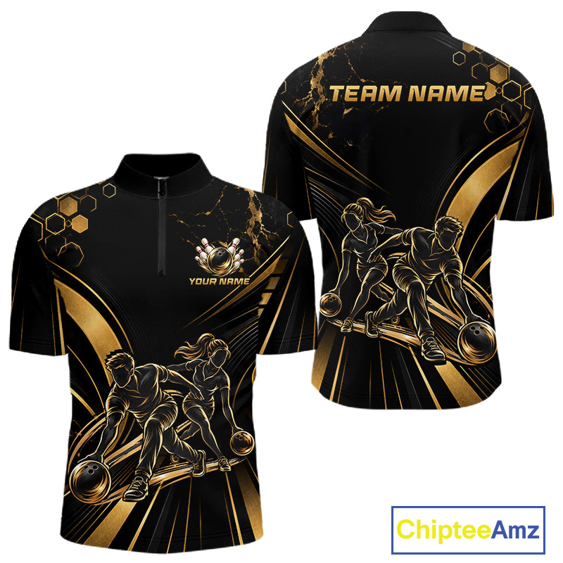 Custom Black Gold Bowling Team Shirt for Men Bowling League Jersey Polo & 1/4 Zip QZT1379