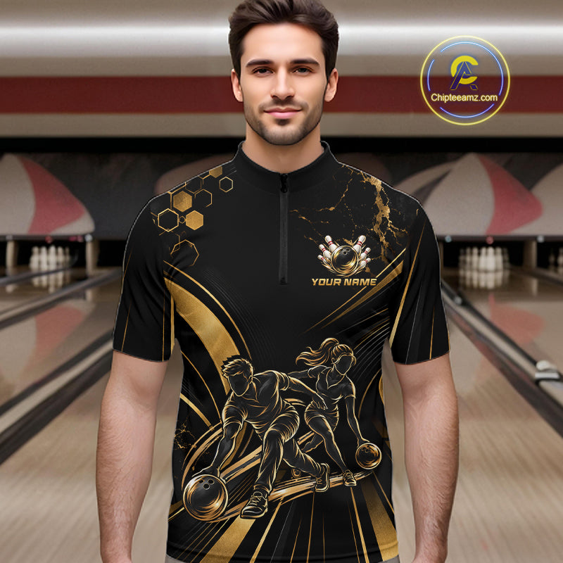 Custom Black Gold Bowling Team Shirt for Men Bowling League Jersey Polo & 1/4 Zip QZT1379