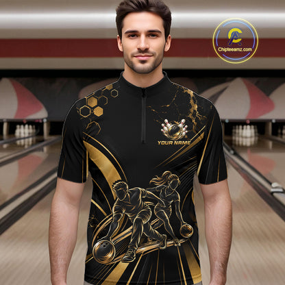 Custom Black Gold Bowling Team Shirt for Men Bowling League Jersey Polo & 1/4 Zip QZT1379