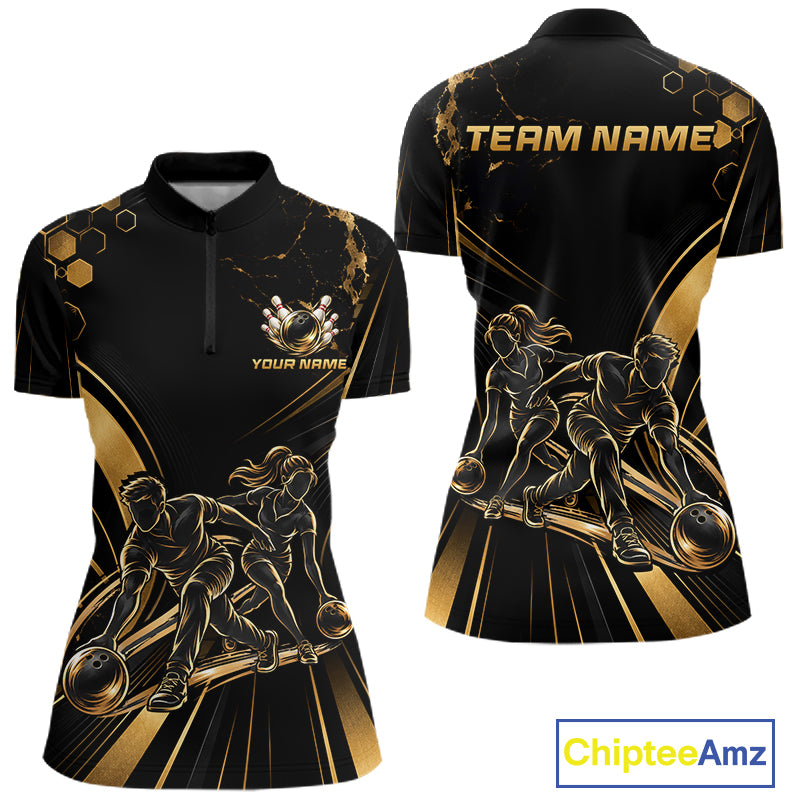 Custom Black Gold Bowling Team Shirt for Women Bowling League Jersey Polo & 1/4 Zip QZT1379