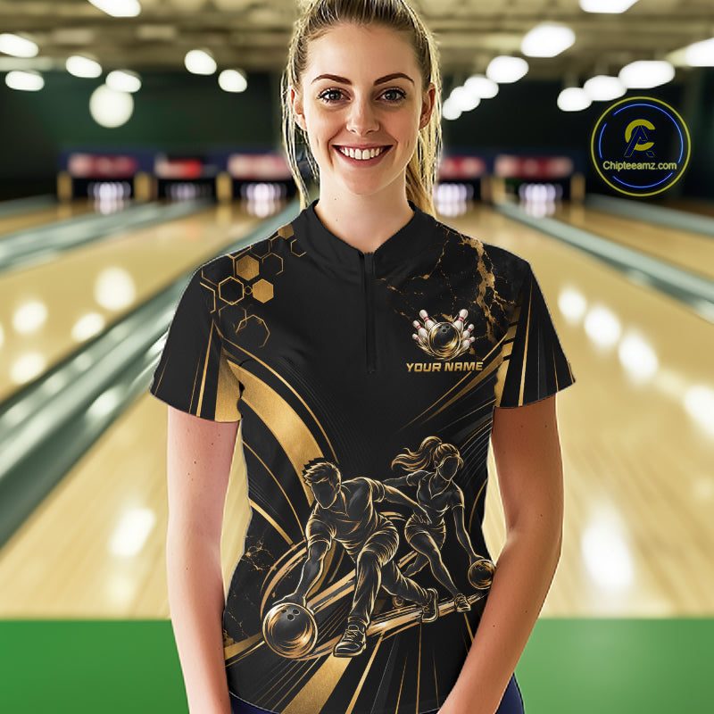 Custom Black Gold Bowling Team Shirt for Women Bowling League Jersey Polo & 1/4 Zip QZT1379