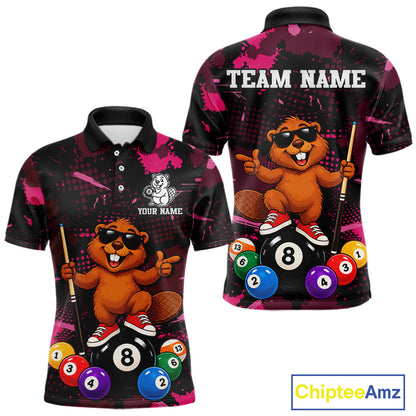 Custom Pink Funny Beaver Billiard Shirt for Men 8 Ball Billiard League Jersey Polo & 1/4-Zip BHT163