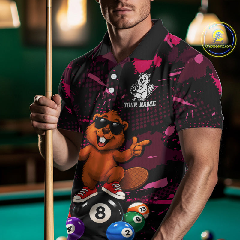 Custom Pink Funny Beaver Billiard Shirt for Men 8 Ball Billiard League Jersey Polo & 1/4-Zip BHT163