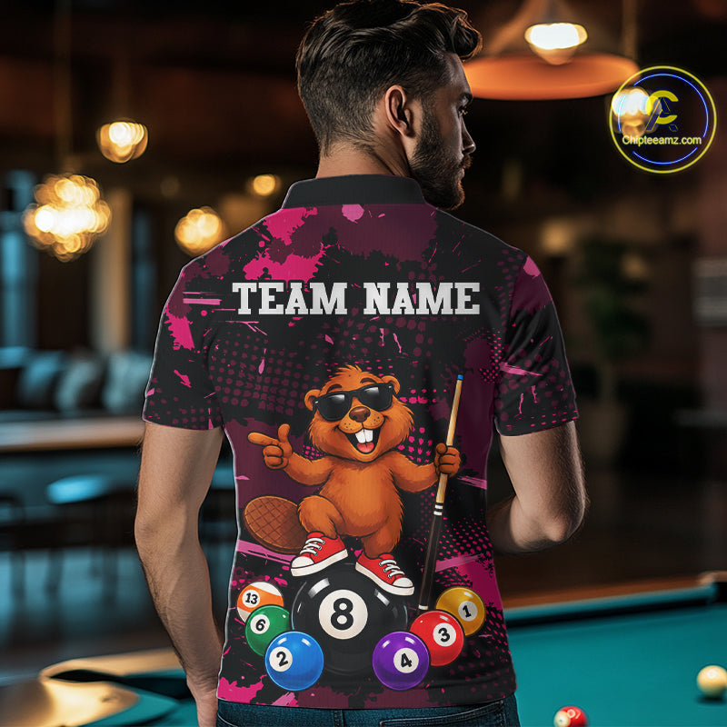 Custom Pink Funny Beaver Billiard Shirt for Men 8 Ball Billiard League Jersey Polo & 1/4-Zip BHT163