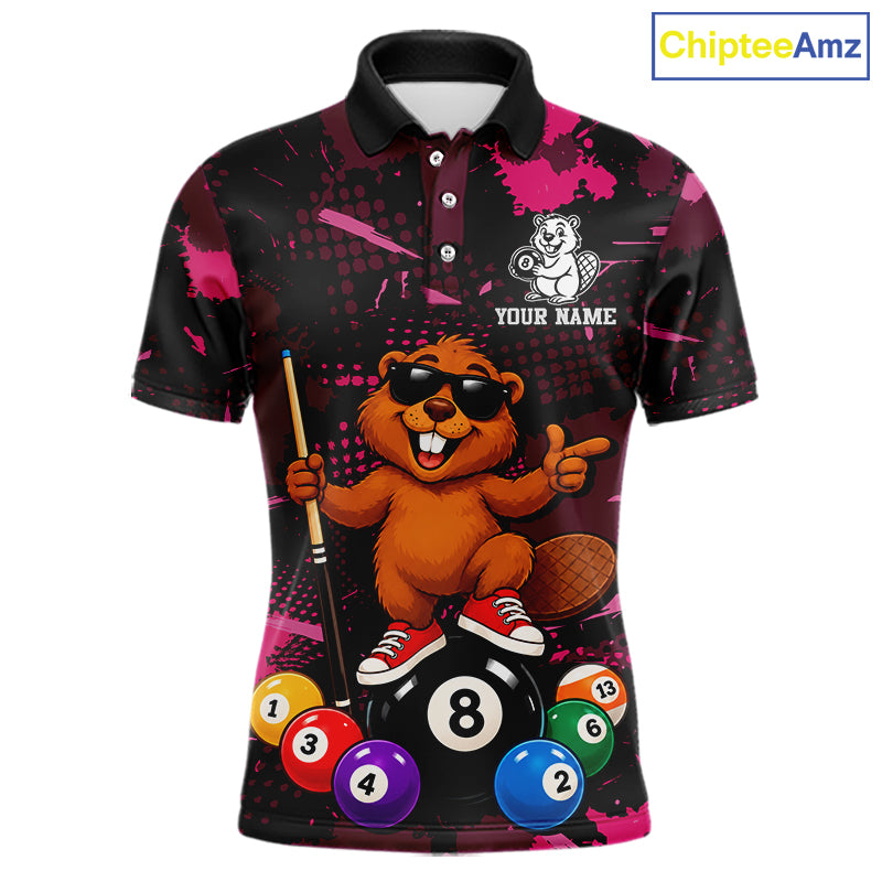 Custom Pink Funny Beaver Billiard Shirt for Men 8 Ball Billiard League Jersey Polo & 1/4-Zip BHT163