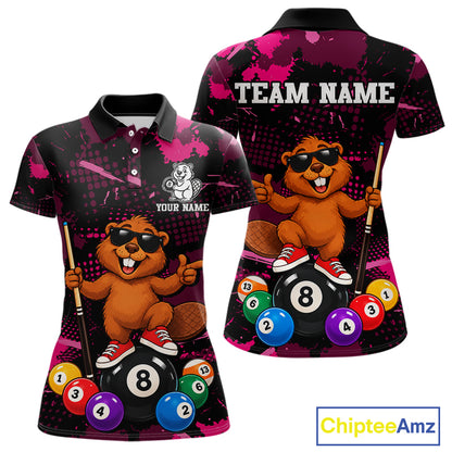 Custom Pink Funny Beaver Billiard Shirt for Women 8 Ball Billiard League Jersey Polo & 1/4-Zip BHT163