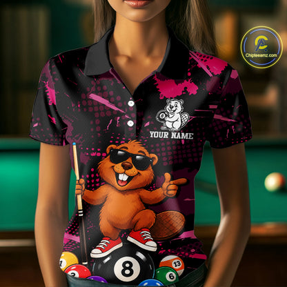 Custom Pink Funny Beaver Billiard Shirt for Women 8 Ball Billiard League Jersey Polo & 1/4-Zip BHT163