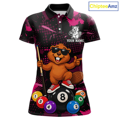 Custom Pink Funny Beaver Billiard Shirt for Women 8 Ball Billiard League Jersey Polo & 1/4-Zip BHT163