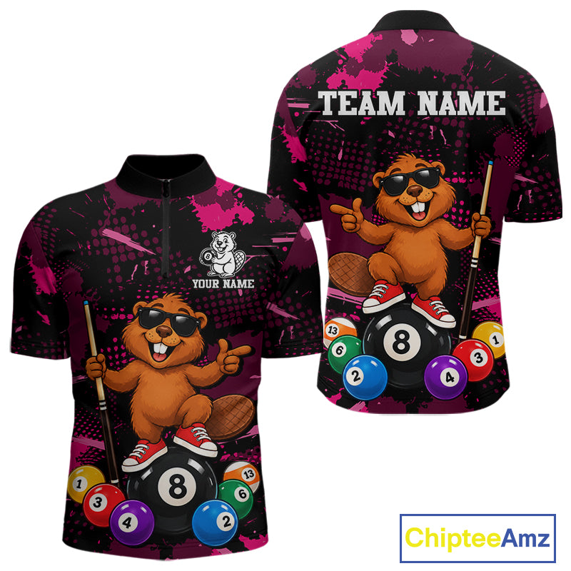 Custom Pink Funny Beaver Billiard Shirt for Men 8 Ball Billiard League Jersey Polo & 1/4-Zip BHT163
