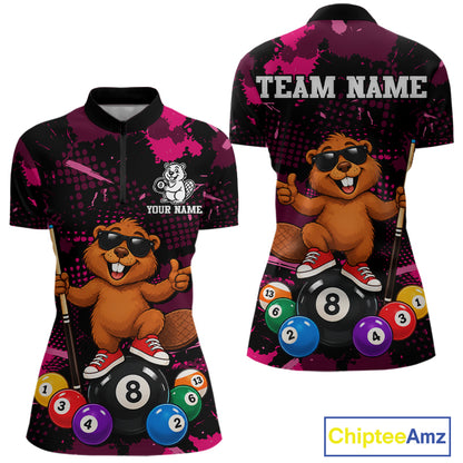 Custom Pink Funny Beaver Billiard Shirt for Women 8 Ball Billiard League Jersey Polo & 1/4-Zip BHT163
