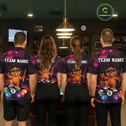 Custom Pink Funny Beaver Billiard Shirt for Men 8 Ball Billiard League Jersey Polo & 1/4-Zip BHT163