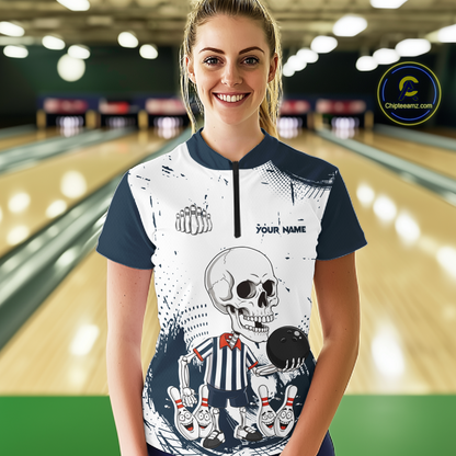 Skeleton Bowling Team Shirt for Women Personalized Funny Bowling Team Jersey Polo & 1/4-Zip QZT818