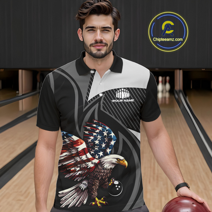 Custom American Flag Eagle Bowling Polo Shirt Quarter-Zip Bowling Jersey for Men QZT819