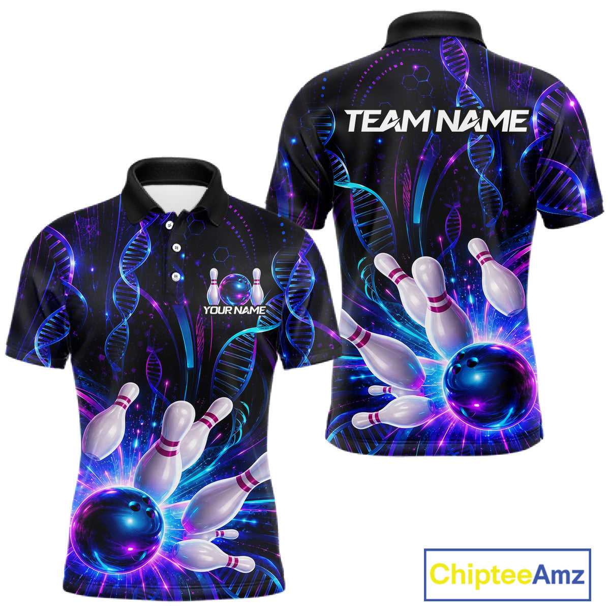 Custom Neon DNA bowling polo shirt, front and back views, bowling league jersey for men