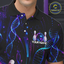 Load image into Gallery viewer, Close-up collar view of custom Neon DNA bowling polo shirt with personalized name detail.
