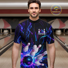 Load image into Gallery viewer, Man wearing custom Neon DNA bowling 1/4 zip shirt, front view mockup, personalized bowling league jersey.