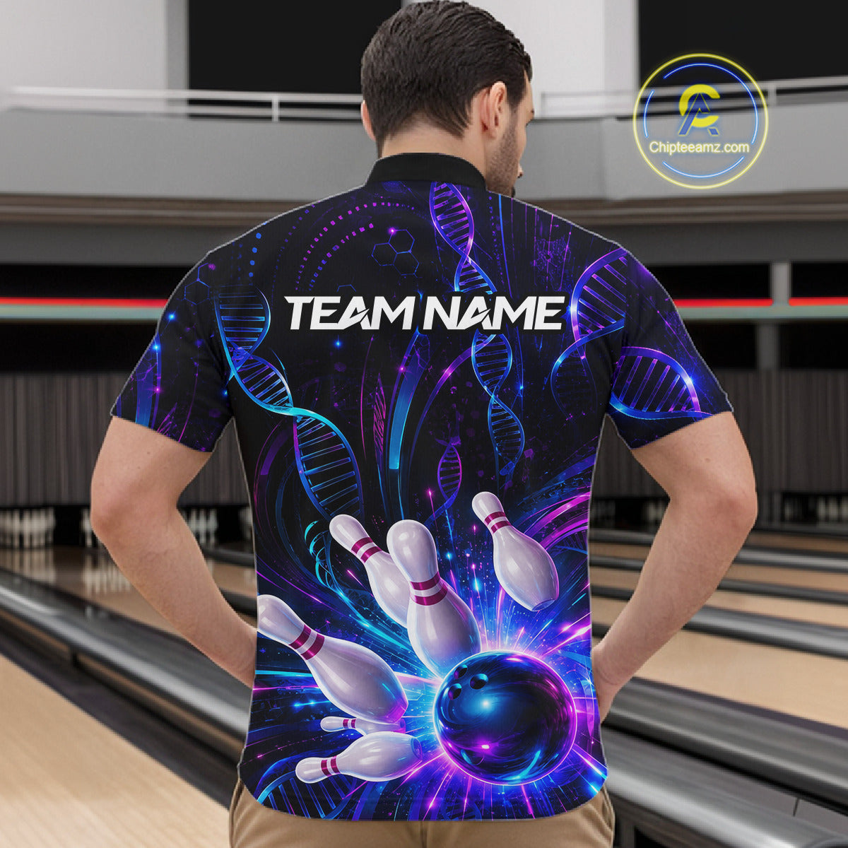 Man wearing custom Neon DNA bowling 1/4 zip shirt, back view mockup, personalized bowling league jersey.