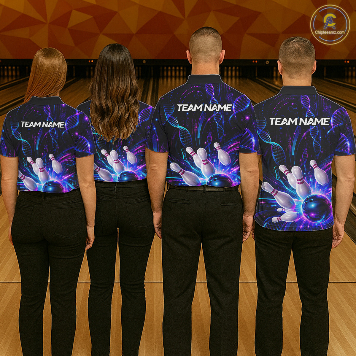 Bowling team wearing custom Neon DNA bowling shirts, group back view mockup with team name design.