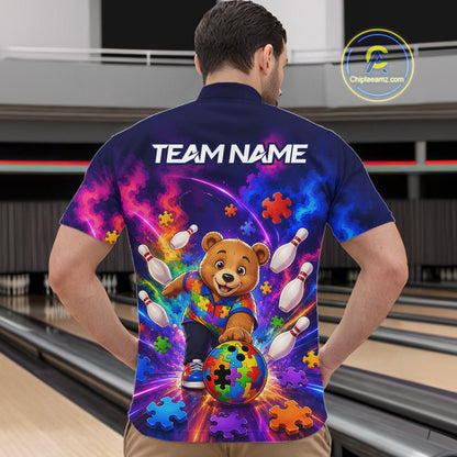 Colorful Autism Bear Bowling Shirt Custom Bowling Jersey League for Men Polo & Quarter-Zip QZT1052