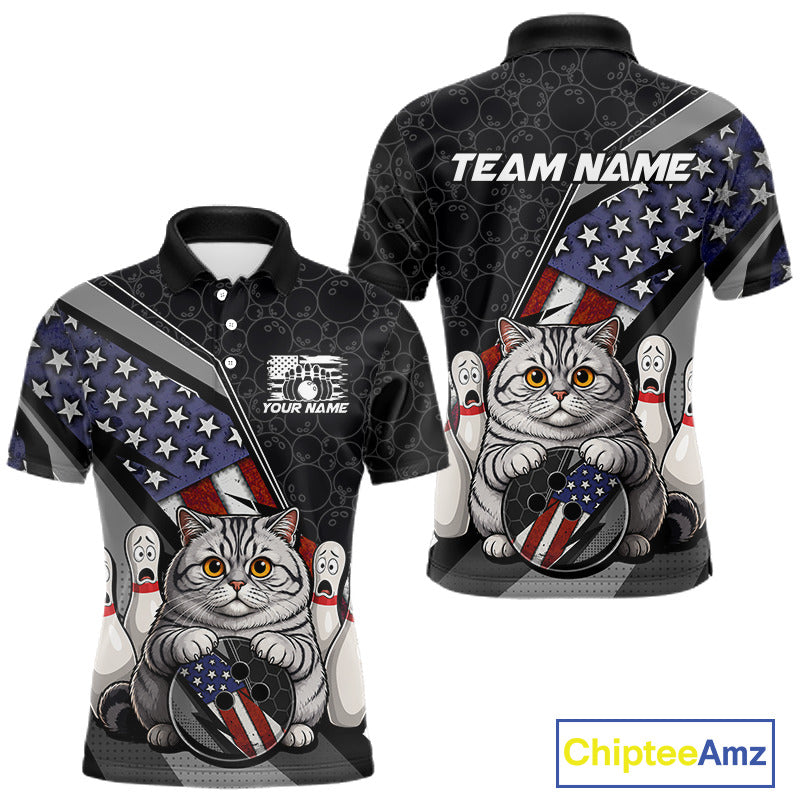 Front and back view custom black patriotic cat bowling polo shirt featuring a cute cartoon feline, American flag, bowling ball and honeycomb pattern, displaying Your Name and Team Name